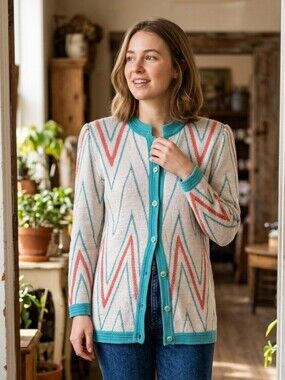 Vintage Arthur Kohler Chevron Knit Teal Cream Coral Stripe Cardigan Sweater 10